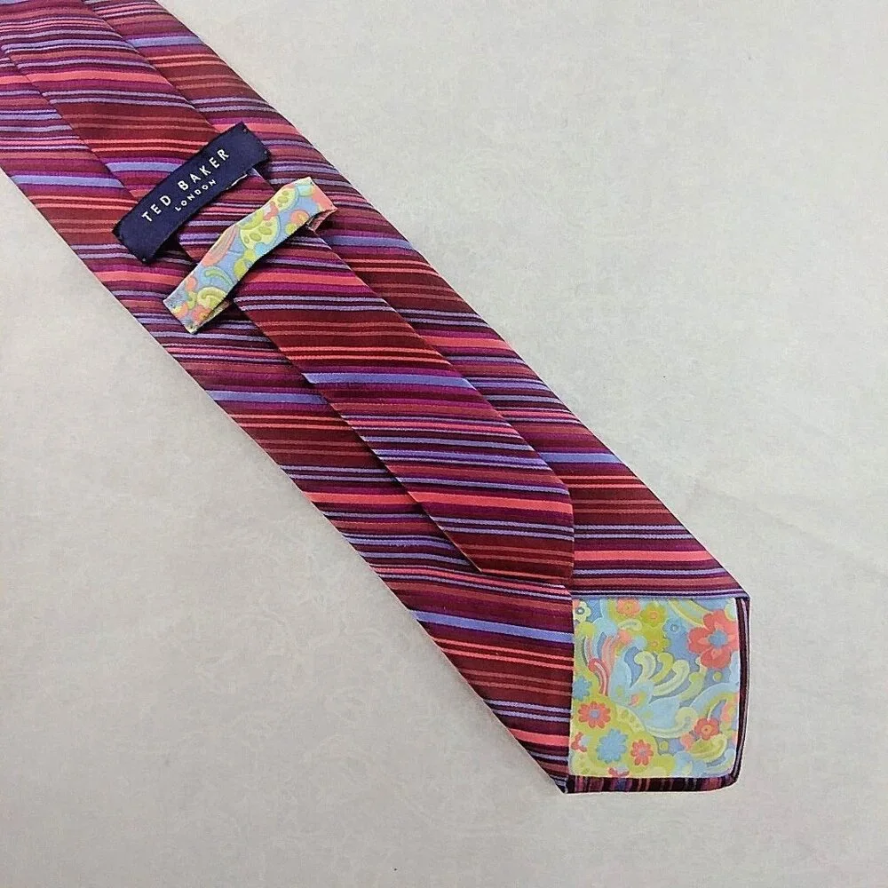 Ted Baker London Mens 100% Silk Tie Diagonal Striping Red Multicolor Floral Back
